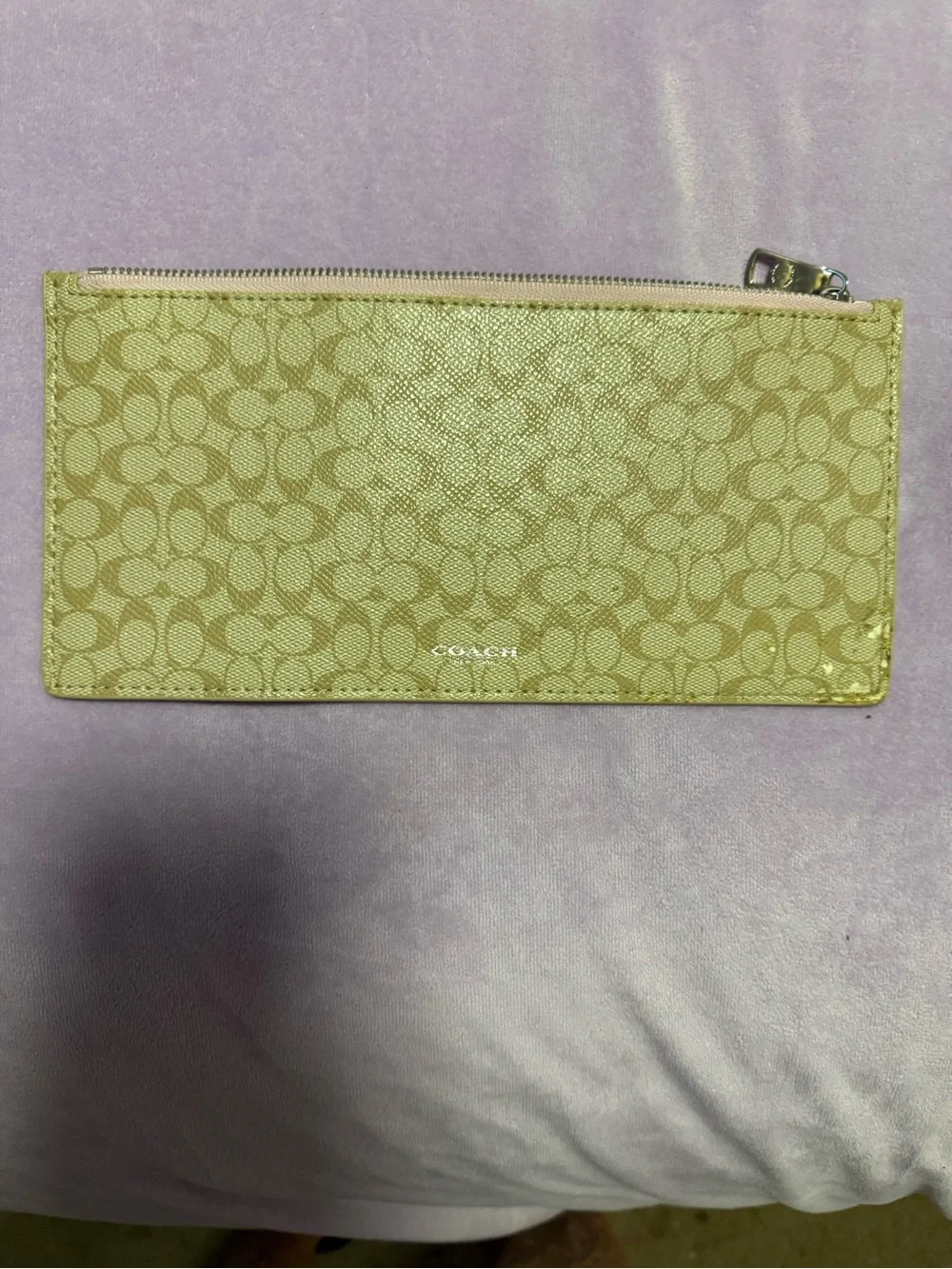 Coach Signature C Beige Gold Coated Canvas Zip Pouch Wallet